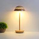 Scandinavian design table lamp, Radiant Prestige Light, featuring a wooden base and shade, complemented by a decorative plant and flowerpot, set against a subtly shaded background.