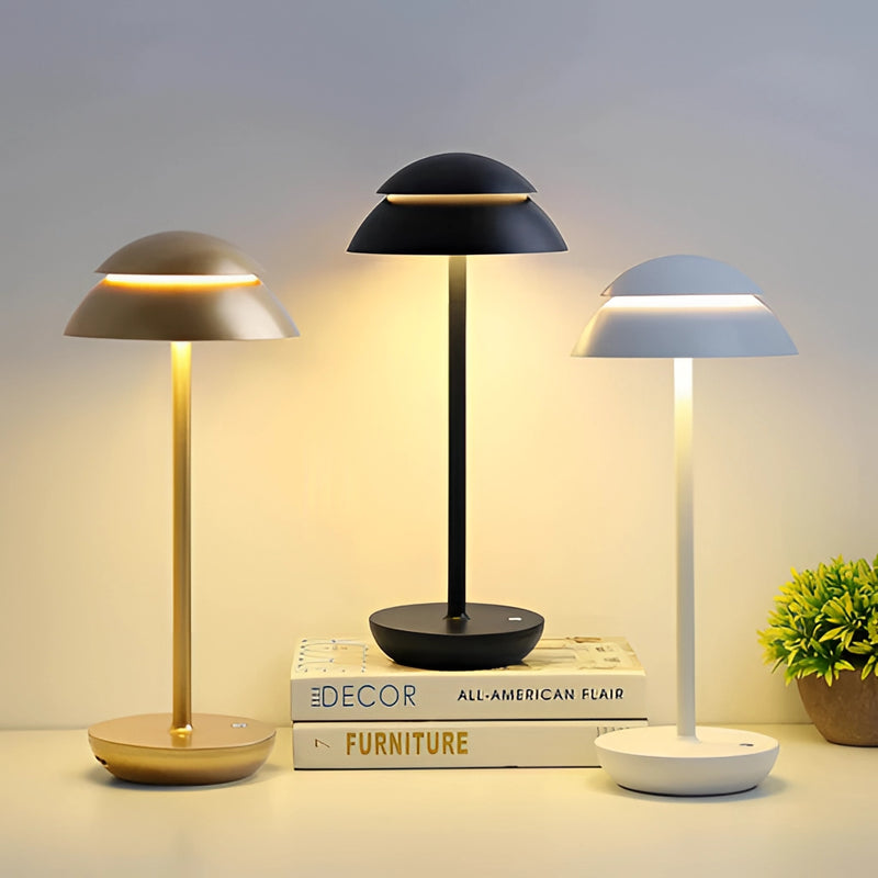 Scandinavian design table lamp from Radiant Prestige Light collection featuring a minimalist style with wood materials, highlighted by soft lighting and surrounded by houseplants in a cozy interior setting.