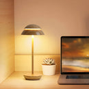 Scandinavian design table lamp, Radiant Prestige Light, placed on a wooden desk next to a laptop and a flowerpot with a plant, enhancing the interior design with its subtle hues.