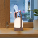 Rechargeable table lamp with touch dimming feature, displayed on a wooden surface next to houseplants in flowerpots.