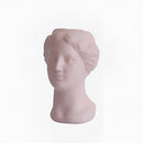 Blush pink resin vase modeled after Neoclassical Venus, featuring detailed sculptural elements like hair and facial features, styled with a magenta cap-like top.