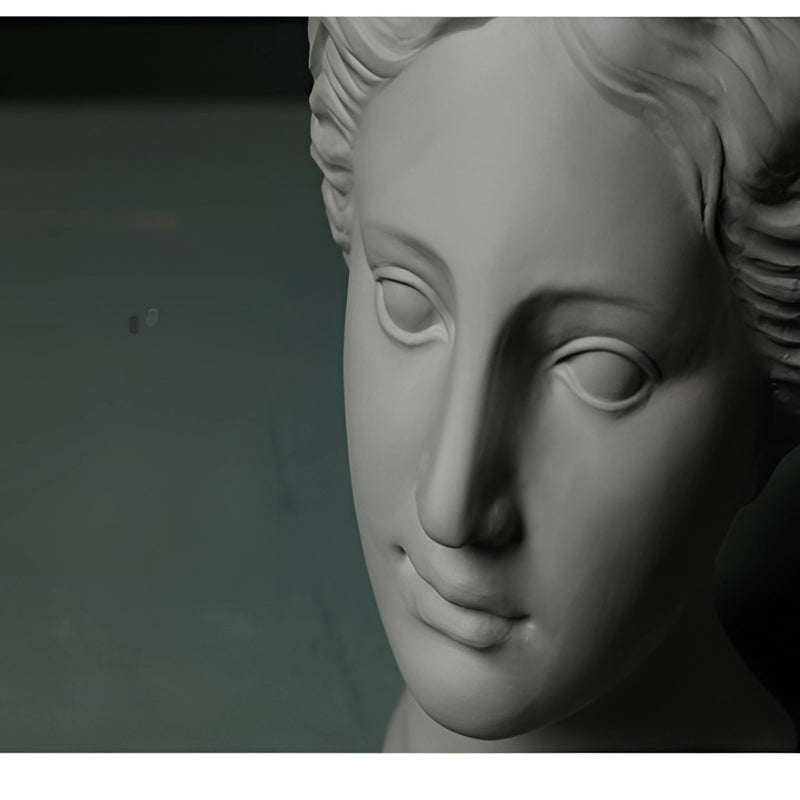 Resin Neoclassical Venus vase in blush pink, teal, and grey, showcasing classical sculpture features like a detailed nose, cheek, eyelash, jaw, and neck with no expression under flash photography.