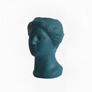 Teal resin vase shaped like the Neoclassical Venus sculpture, featuring detailed elements of hair, face, and neck, highlighted in electric blue.