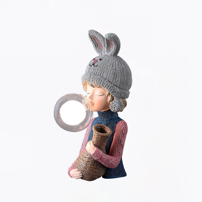 Resin table lamp featuring an elegant rabbit girl design with dual glass lampshades, detailed with magenta accents and artistic patterns, resembling a fashionable doll or toy.