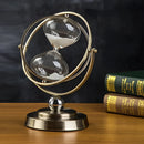 Elegant Rotating Globe Hourglass Timer, 30 minutes, sized 24x16x28 cm, featuring a metal and glass design with symbolic emblems and titanium elements.