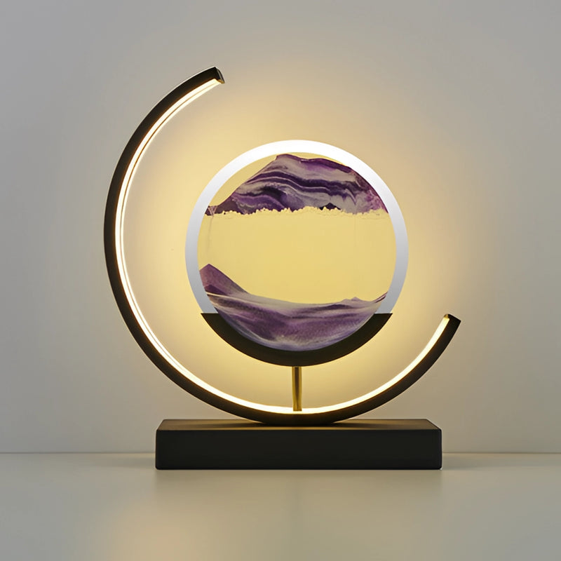 Dynamic 3D sand painting light featuring violet and black colors, showcasing artistic and automotive design influences with various geometric shapes such as circles, rectangles, and ovals.