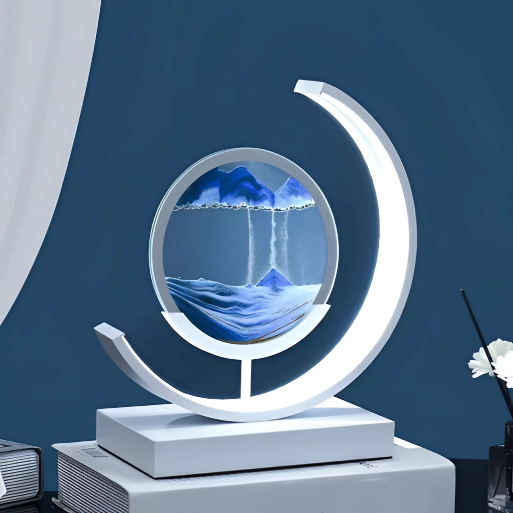 Dynamic 3D sand painting light featuring a table lamp with electric blue design elements and circular emblem, evoking an aesthetic blend similar to automotive design.