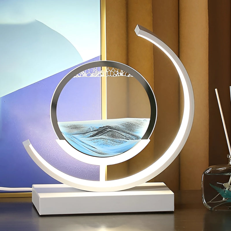 Dynamic 3D sand painting LED table lamp featuring an intricate automotive design, with elements resembling vehicle parts and technology motifs.