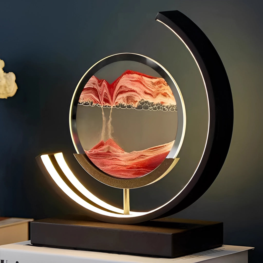 Sand Art LED Table Lamp featuring a dynamic 3D sand painting in orange with automotive design elements and emblem graphics.