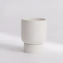 Small pearl white ceramic vase designed for garden and bonsai, stacked in a cylindrical shape, displayed on a table.