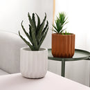 Textured ceramic polygon vase with a geometric design, displayed on a wooden table alongside a couch, featuring a houseplant in a flowerpot, enhancing the comfort of the interior design.