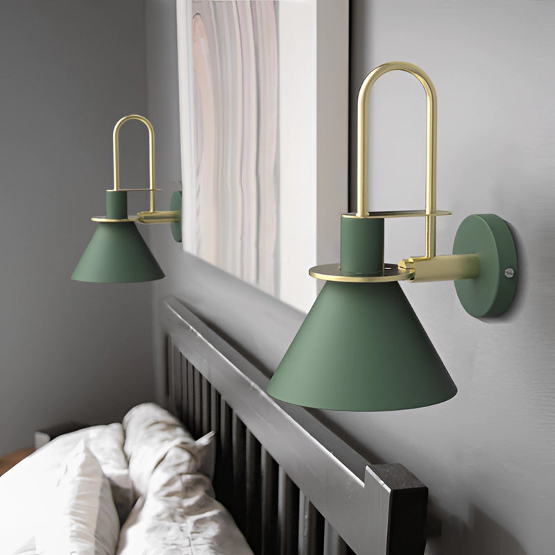 Elegant retro design wall light with matt finish, featuring wooden shelving and grey-toned interior design elements, suitable for indoor lighting and comfort.