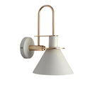 Elegant retro design wall light in matt white finish, featuring a circular beige metal lamp attached to a wooden ceiling fixture.