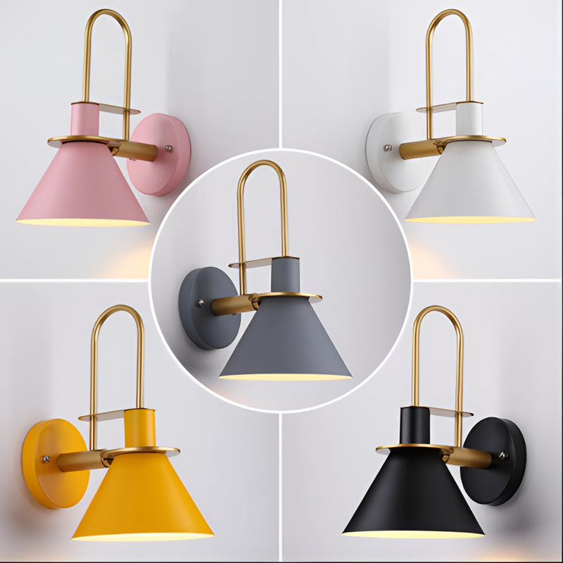 Elegant retro design wall light with a matt finish, featuring a white and yellow lamp mounted on a wooden shelf, enhancing the interior design.