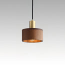 Walnut wood pendant lamp inspired by Japanese woodworking, featuring a rectangular, amber-tinted wood body with metal accents, measuring 5.12 inches in diameter and 4.72 inches in height, suitable as a ceiling fixture.