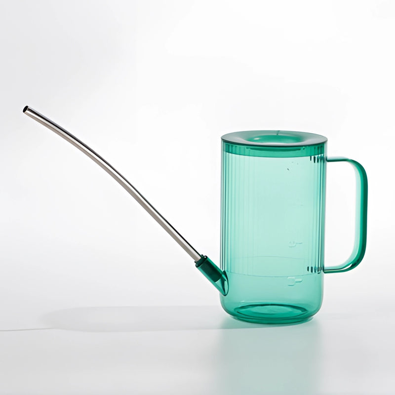 Green watering can with extended spout for accurate water delivery, designed for easy handling and precision in watering plants.