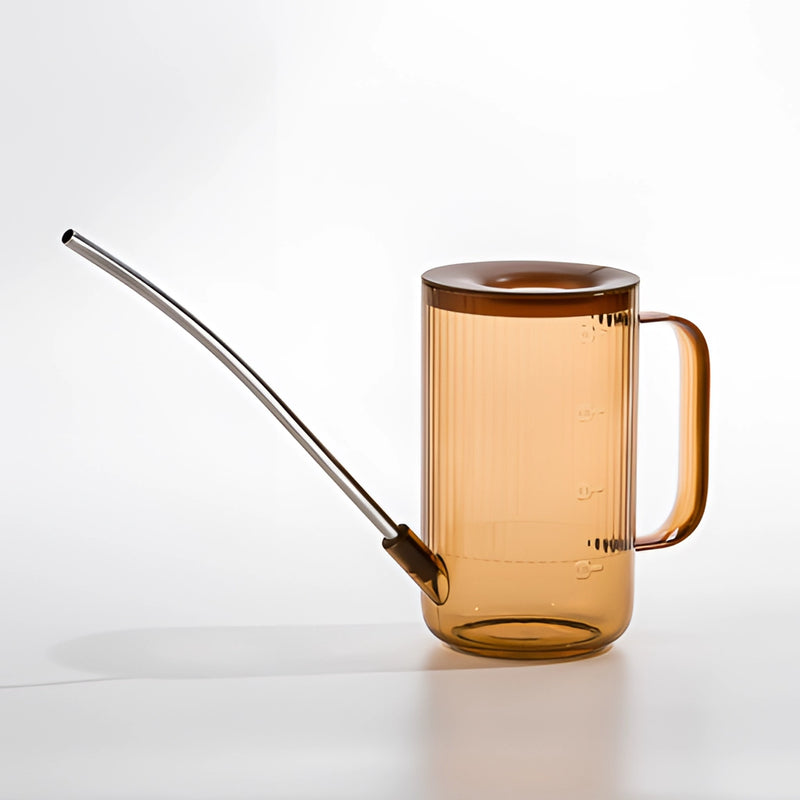 Brown watering can with extended spout for accurate water delivery, mistakenly labeled as various drinkware items.