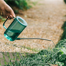 Green watering can with extended spout on a grassy meadow.