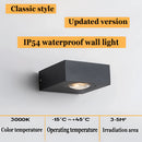 Black UFO-shaped waterproof wall light mounted on a wall, featuring a sleek circular design with a transparent cover.