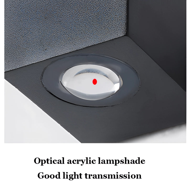 Black UFO-shaped waterproof wall light made of aluminum and composite materials, featuring a circular design with metallic and rectangular accents.