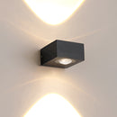 Black UFO-shaped waterproof wall light mounted on a wooden surface, featuring a metallic and composite material design with a rectangular base.