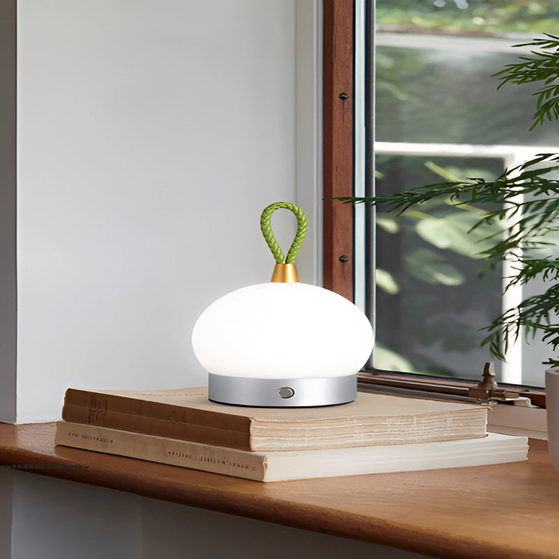 Cordless waterproof LED lamp blimp placed on a hardwood nightstand table, surrounded by plants, near a window in a well-designed interior setting.