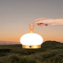 LED lamp blimp floating in the sky at dusk, showcasing its waterproof and cordless design, ideal for outdoor use.