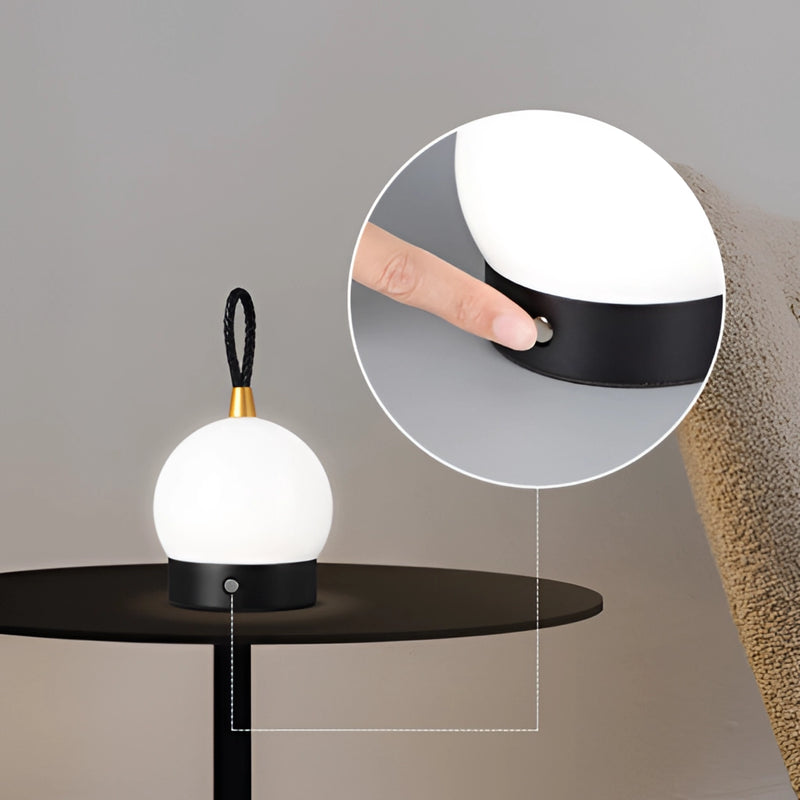 Cordless waterproof LED lamp blimp designed for nightstand or table use, featuring a circular metal and wood design with ceiling fixture aesthetics.