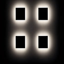 Waterproof LED outdoor wall lamp made of aluminum featuring a rectangular shape with symmetrical patterns, electric blue accents, and a circular design element, emitting a soft glow in the dark.