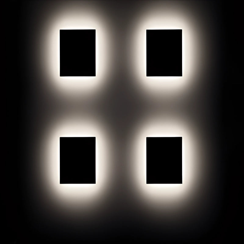Waterproof LED outdoor wall lamp made of aluminum featuring a rectangular shape with symmetrical patterns, electric blue accents, and a circular design element, emitting a soft glow in the dark.
