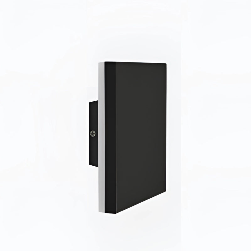 Black waterproof LED outdoor wall lamp made of aluminum, mounted beside a door handle, resembling a sleek rectangular gadget.
