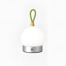 Silver cordless orb-designed waterproof LED table lamp with metallic finish and an elegant lighting accessory visible.