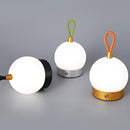 Cordless orb-shaped waterproof LED table lamp on a metal base, emitting soft light, with a subtle artistic design and a plant nearby.