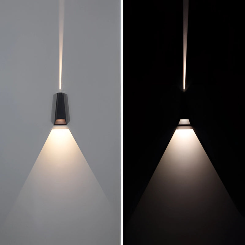 Outdoor waterproof pyramid-shaped LED wall sconce, featuring a rectangular design with symmetrical shades and a circular ceiling fixture.