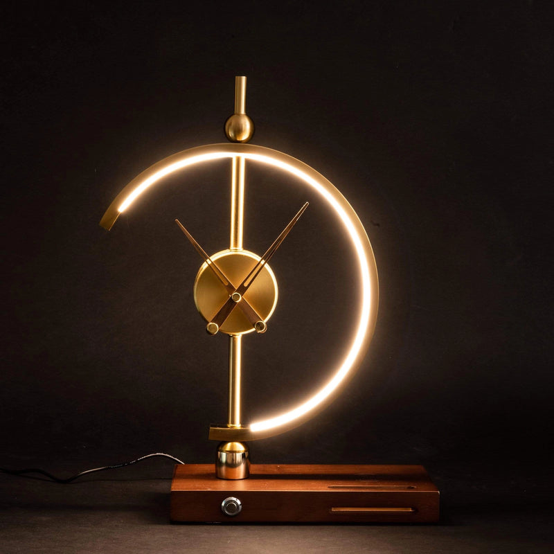 Wireless Charging Clock Lamp featuring LED light and integrated clock, designed with a wooden base and circular shape, set in a dimly lit ambiance suggesting nighttime use.