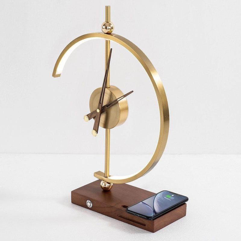 Wooden and metal wireless charging clock lamp featuring LED light and integrated clock, with elements of copper and brass.