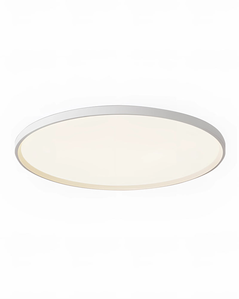 Black rimmed circular LED ceiling light with minimalist design and energy-efficient features, mounted on a beige ceiling.