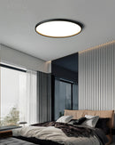 Circular LED Ceiling Light with Black Rim, Minimalist Design, Energy-Efficient, Installed in Modern Interior.
