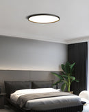 Black rimmed circular LED ceiling light, minimalist and energy-efficient, illuminating a modern interior with furniture, plants, and wood flooring.