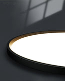 Black rimmed circular LED ceiling light with a minimalist design, mounted on a ceiling.