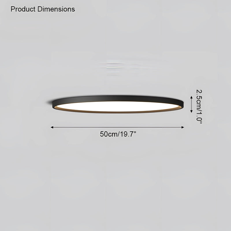 Minimalist circular LED ceiling light with black rim, 19.7 inches in diameter, dimmable with remote.