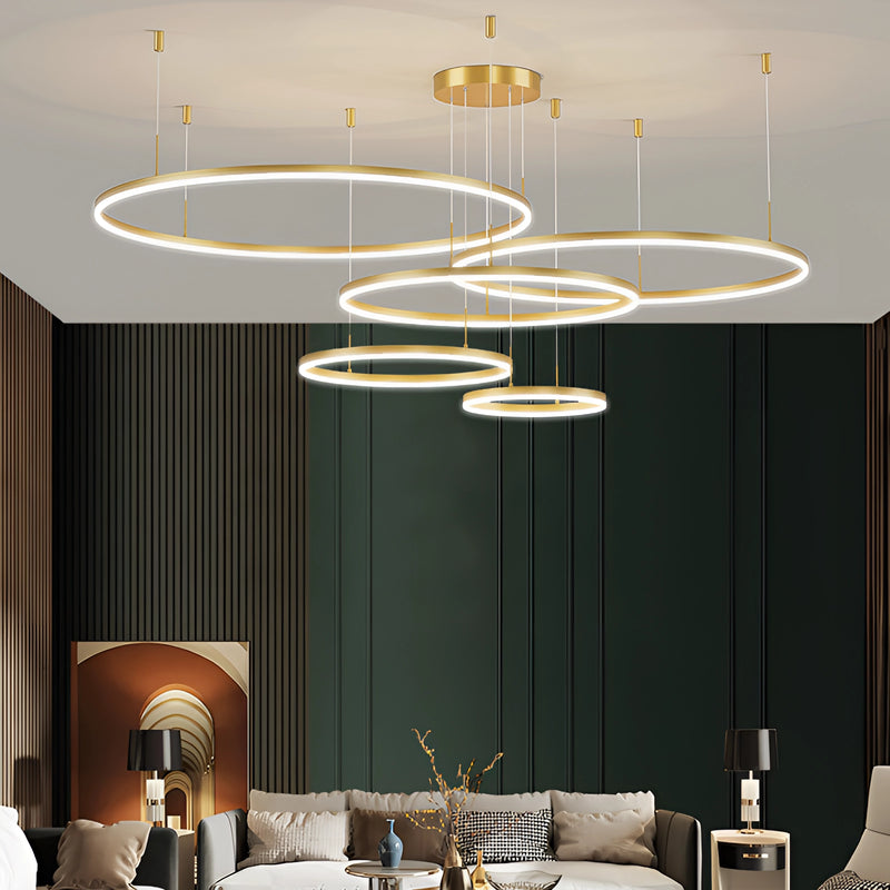 Circular LED Pendant Light with Gold Finish and Adjustable Height, featuring five dimmable rings in varying sizes (40cm, 60cm, 80cm), elegantly illuminating a modern interior space.