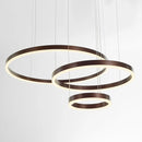 Circular LED Pendant Light with Gold Finish, Adjustable Height Chandelier, featuring a sleek circular design with a modern metal frame.