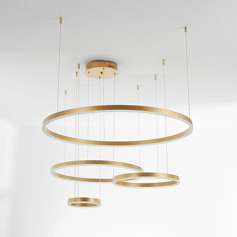 Gold Circular LED Pendant Light with Adjustable Height, Modern Chandelier Ceiling Fixture