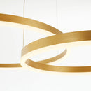 Gold circular LED pendant light with adjustable height, featuring a modern chandelier design.