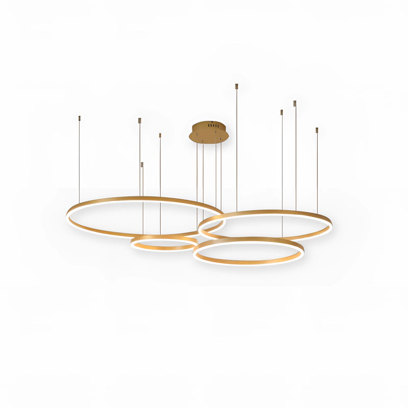 Gold-finished circular LED pendant light with adjustable height, featuring a modern and sleek design.