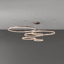 Circular LED pendant light with gold finish, shown as an adjustable height chandelier featuring five dimmable rings in various sizes (40cm, 60cm, 80cm).