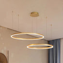 Circular LED pendant light with gold finish, two adjustable rings (60cm and 80cm), dimmable chandelier.