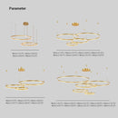 Circular LED Pendant Light with Gold Finish and Adjustable Height Chandelier, displaying a symmetrical and artistic design, illuminated with an amber hue.