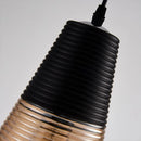 Designer Ribbed Glass Pendant Light hanging from ceiling, showcasing a modern industrial design, with a cylindrical ribbed glass shade and sleek metallic accents.